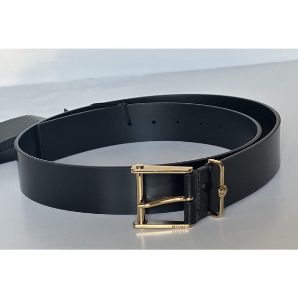 Versace Gold Buckle Black Calf Leather Belt 90 (36) Italy 1011124 NWT - Picture 3 of 14